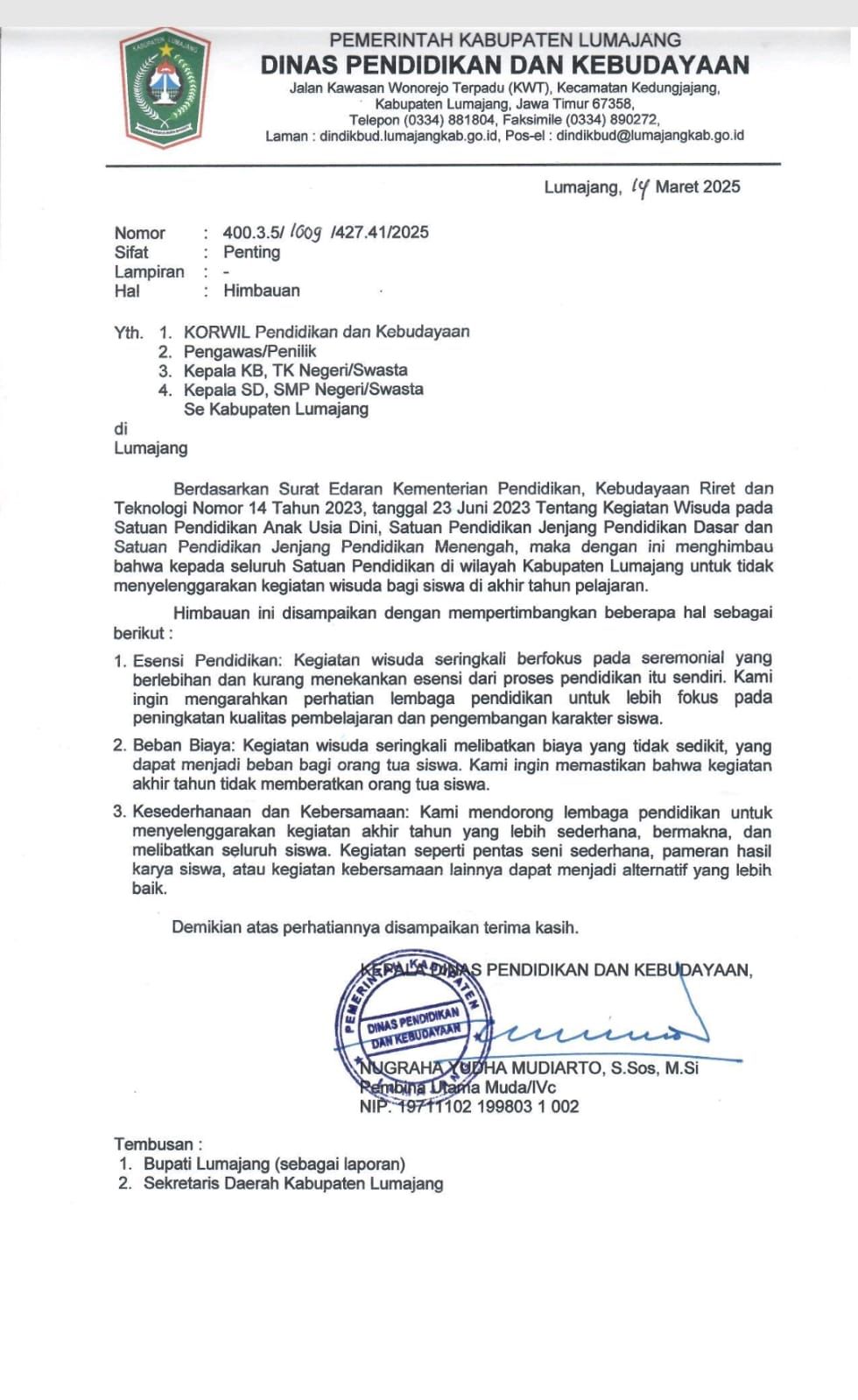 Dindikbud Lumajang Himbau Satuan Pendidikan Tidak Selenggarakan Wisuda Akhir Tahun